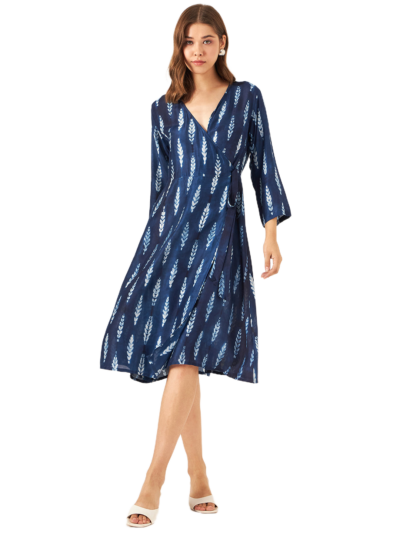 Indigo Blue Shibori Full Sleeve Wrap Dress